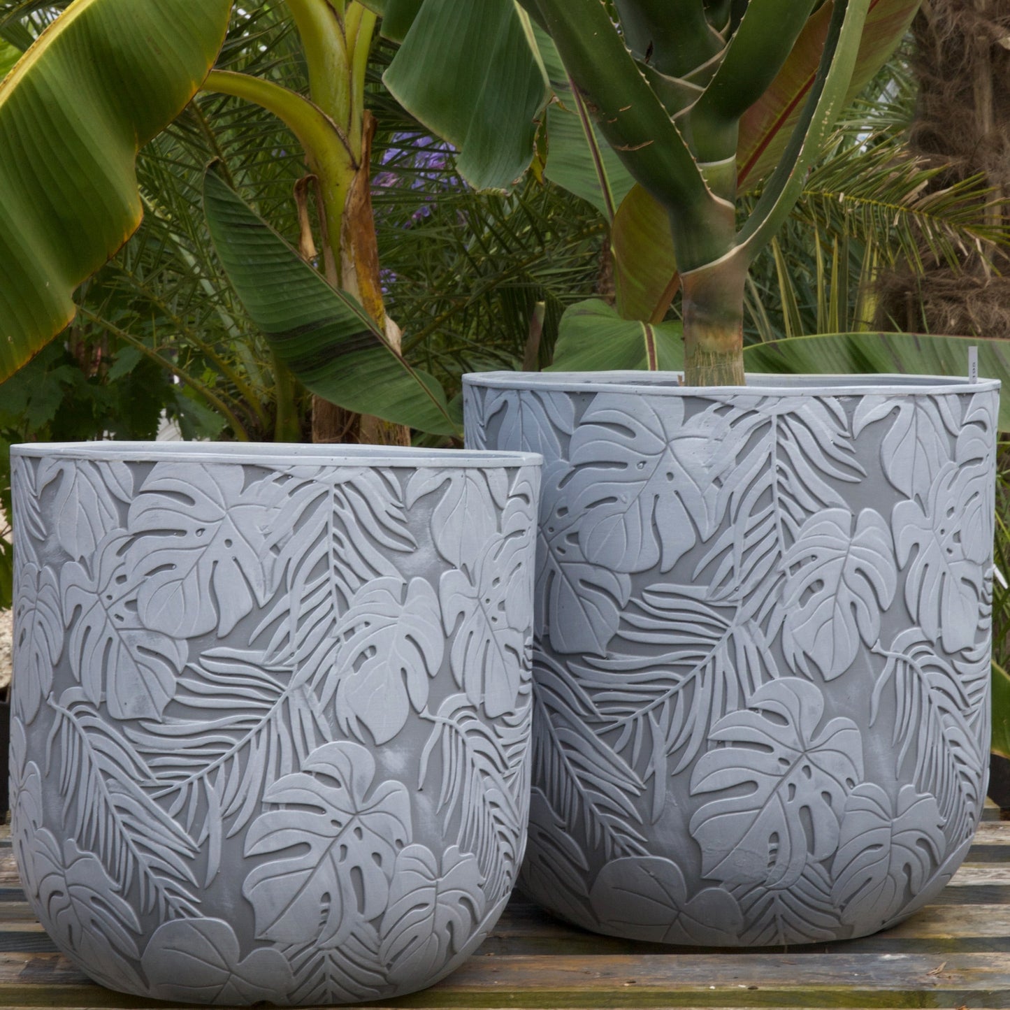 Patterned Tropical Planter - White Grey