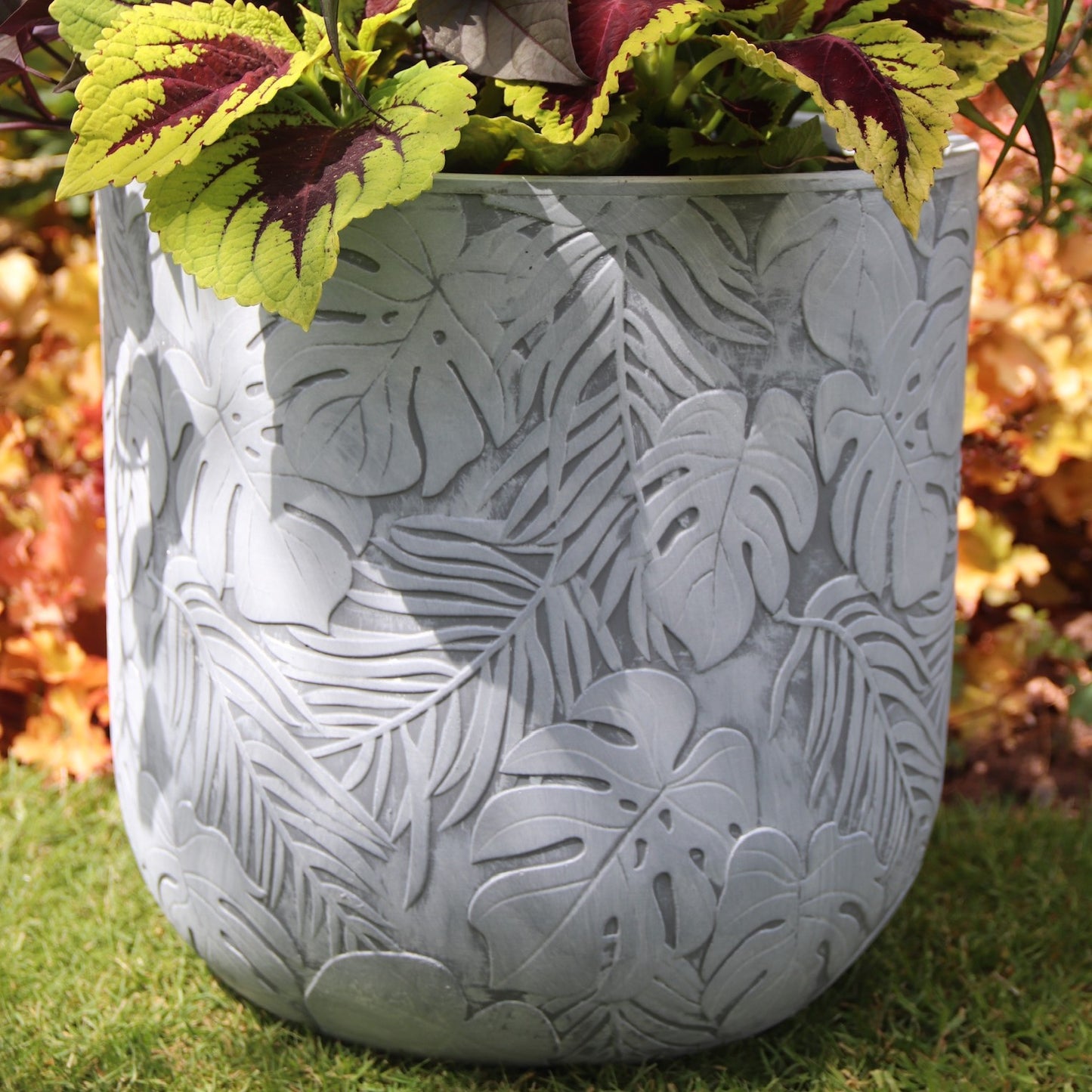 Patterned Tropical Planter - White Grey
