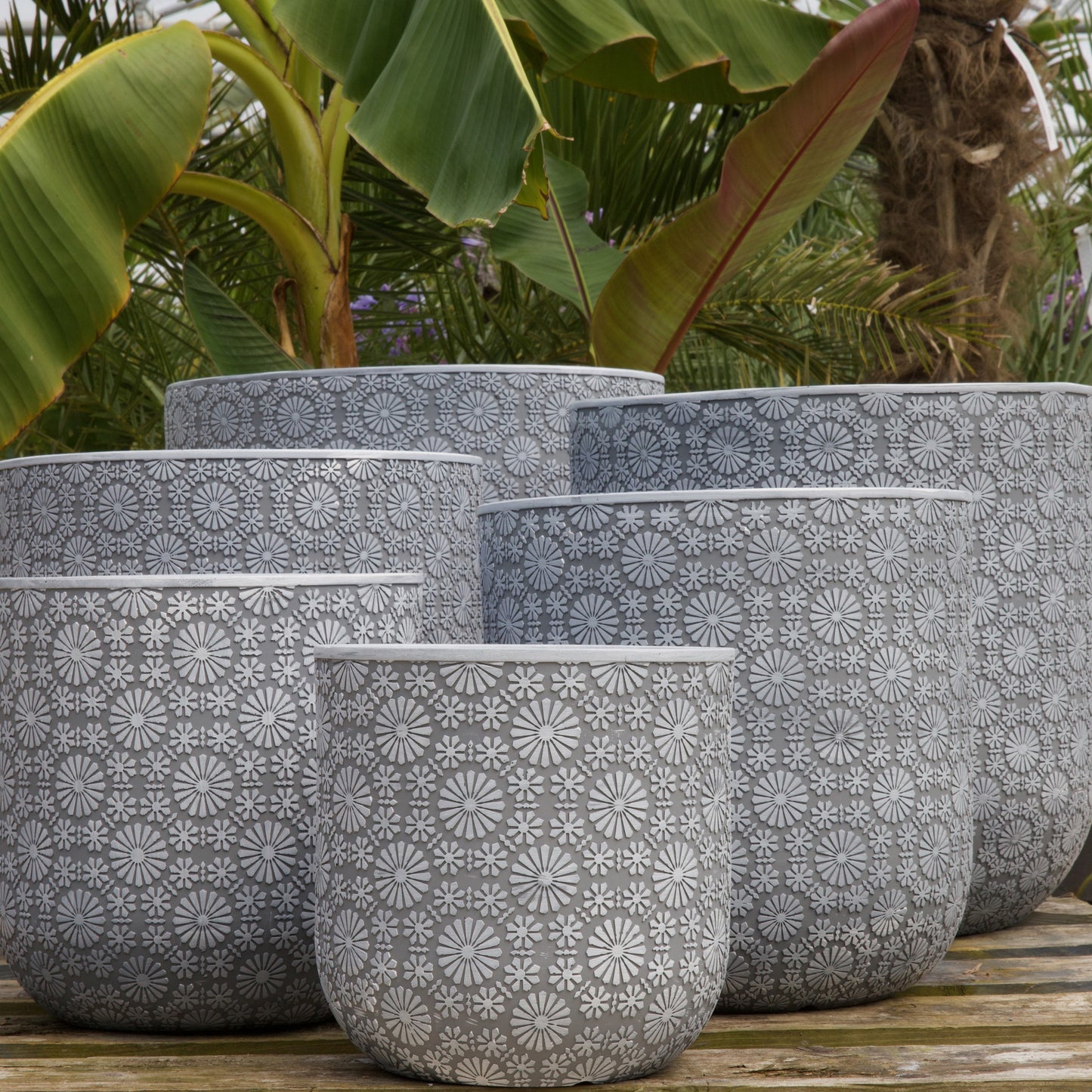 Patterned Flower Planter - White Grey