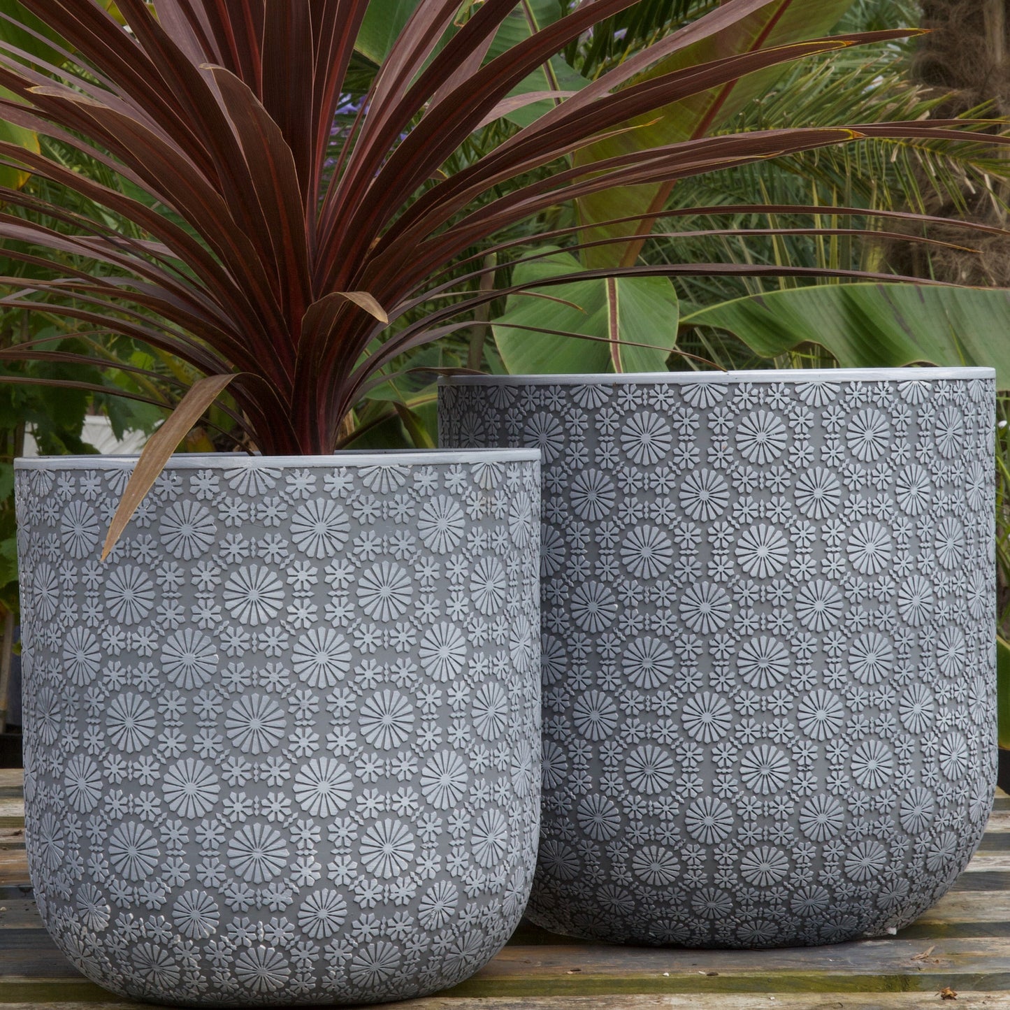 Patterned Flower Planter - White Grey
