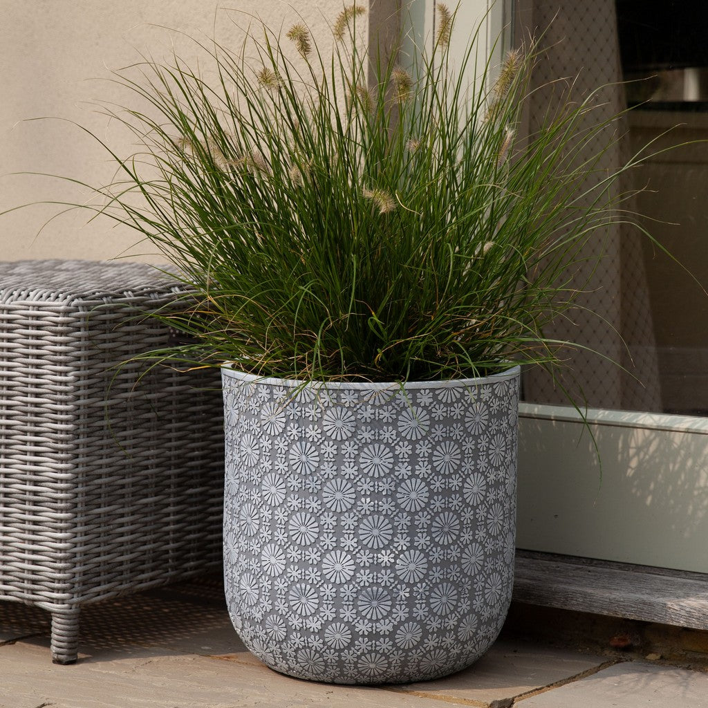 Patterned Flower Planter - White Grey