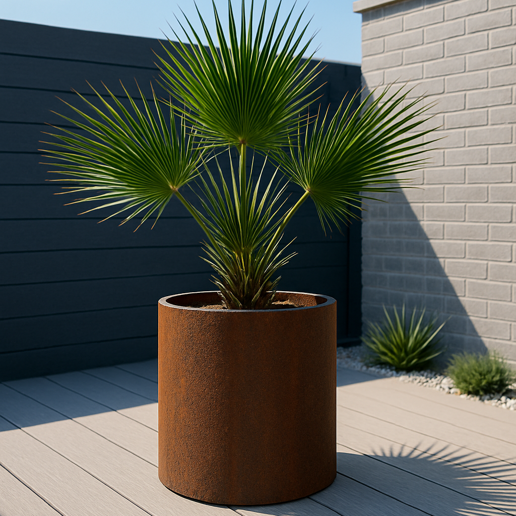 Potted palm plant on a wooden deck with a dark wall and light brick wall in the background