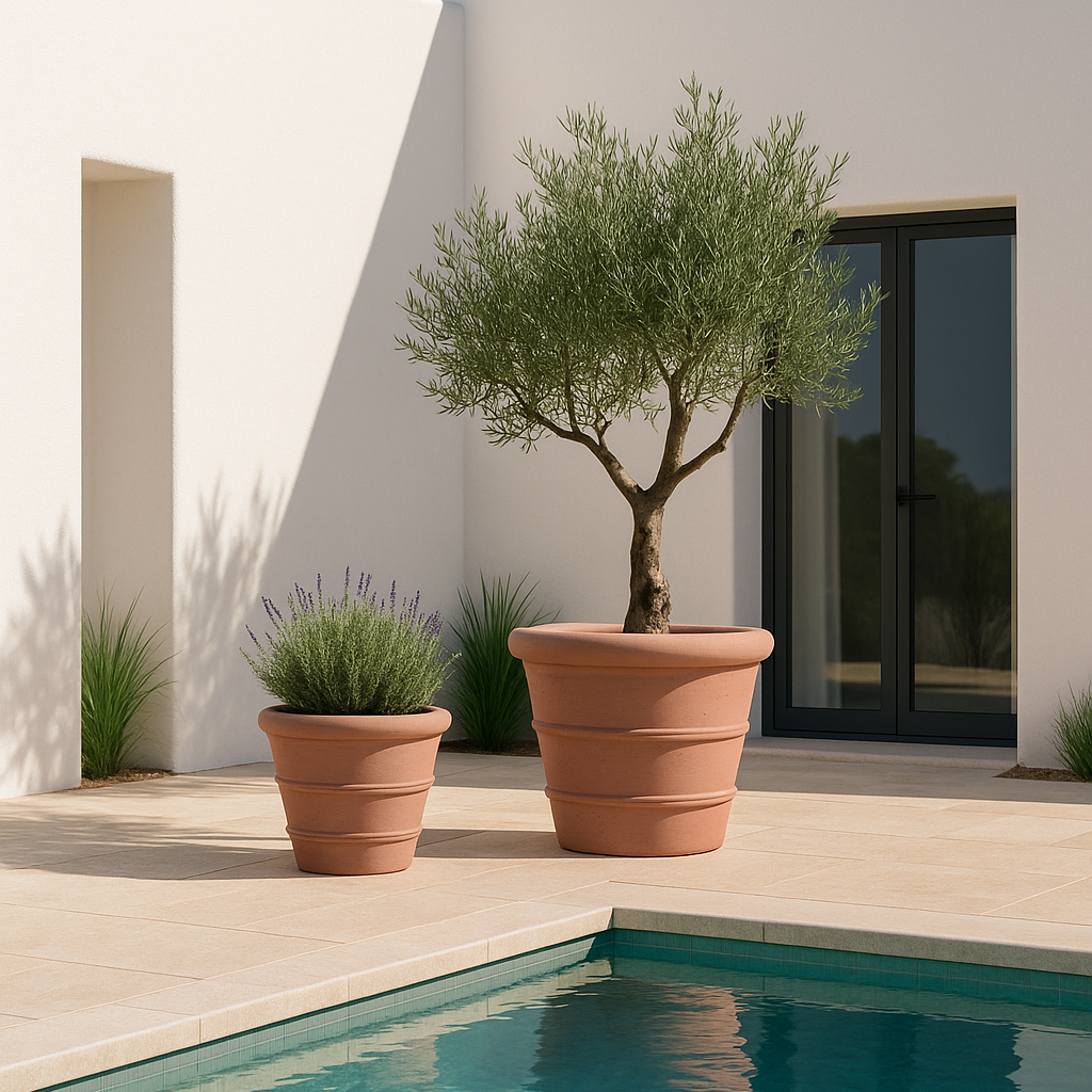 Potted trees by a pool with a white building in the background
