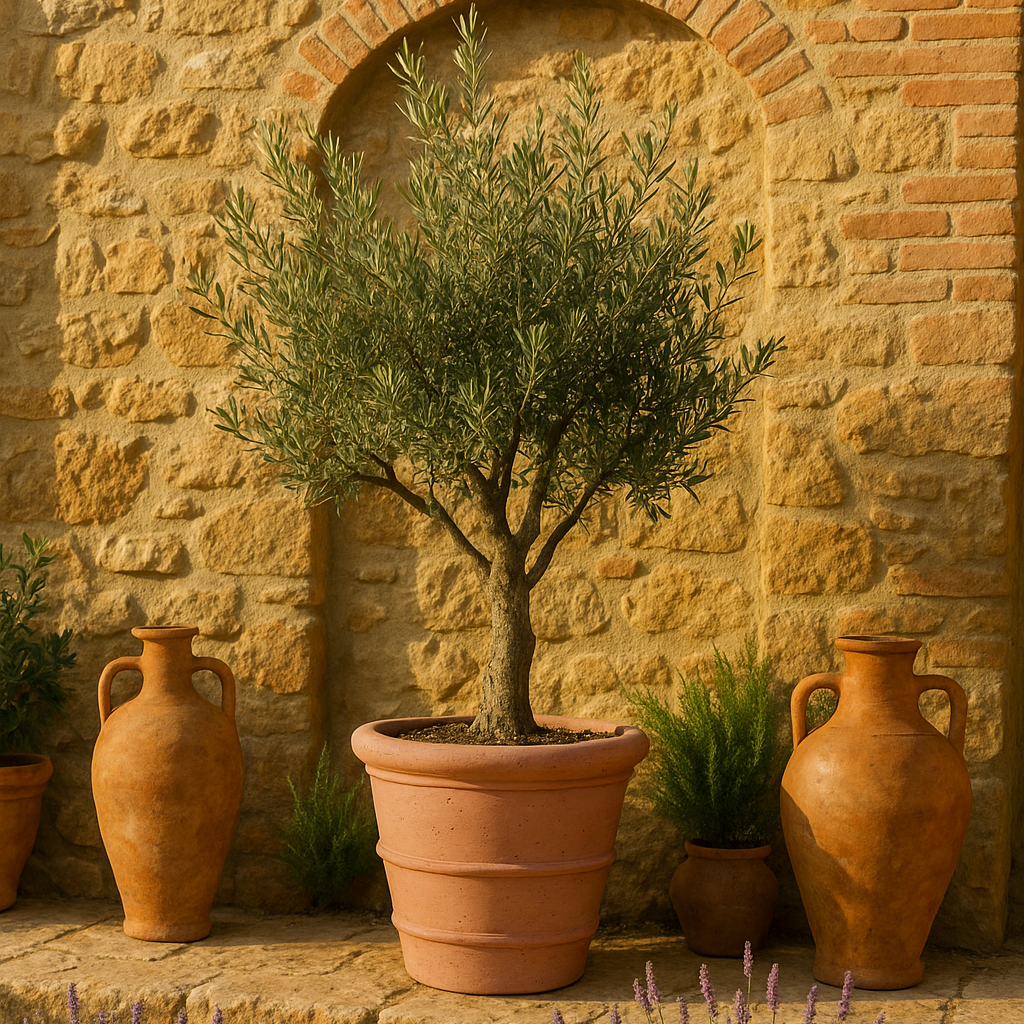 Potted olive tree with terracotta pots against a stone wall