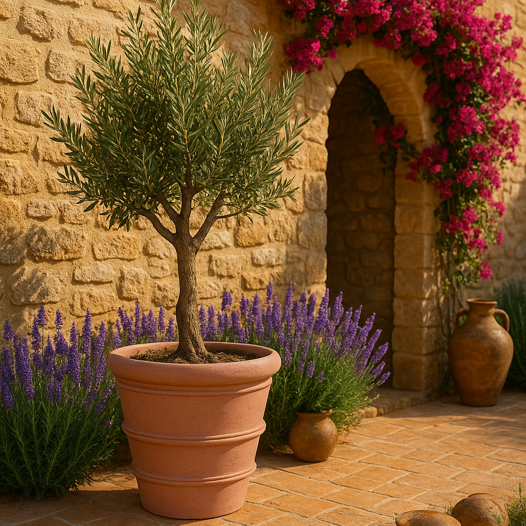 Potted olive tree and lavender plants in front of a stone building with pink flowers.