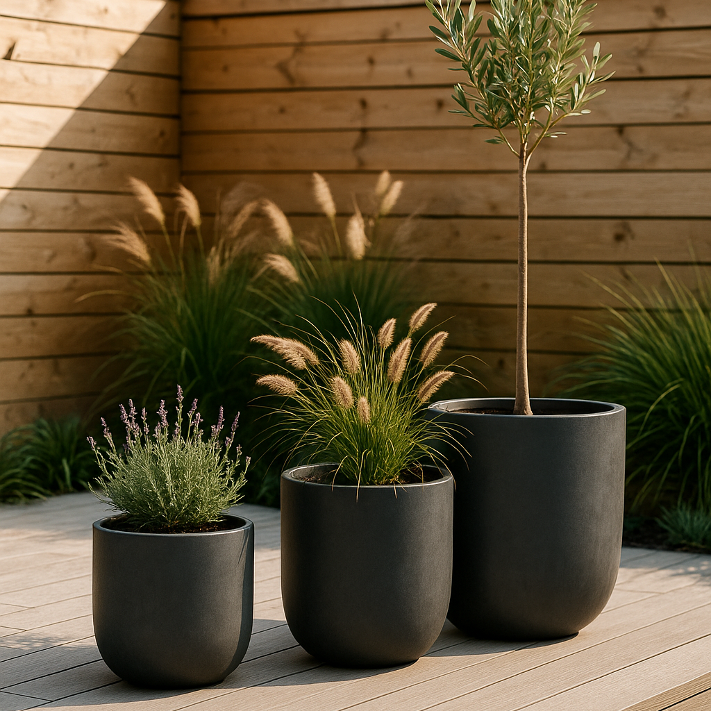 Three potted plants on a wooden deck with a wooden wall in the background