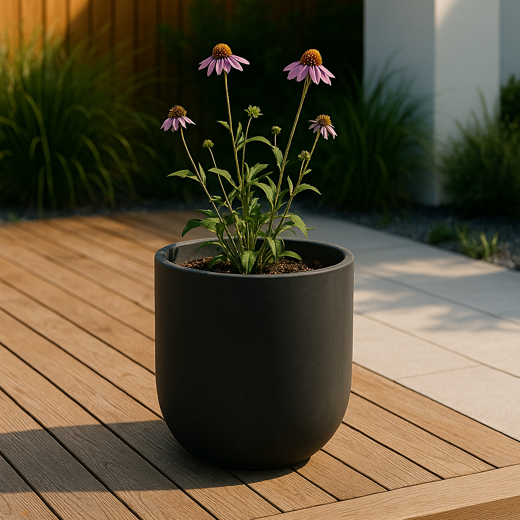Black planter with flowers on a wooden deck