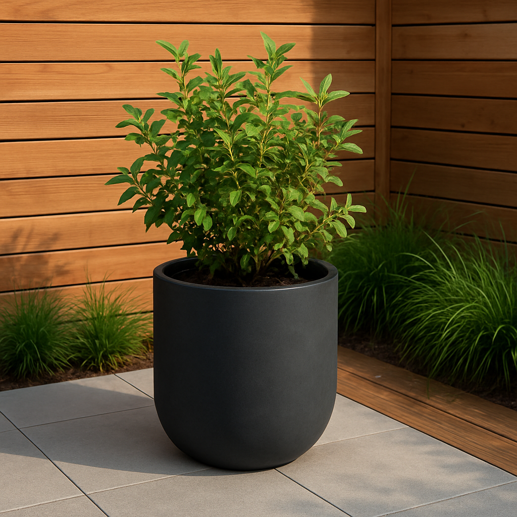 Black planter with a green plant against a wooden wall