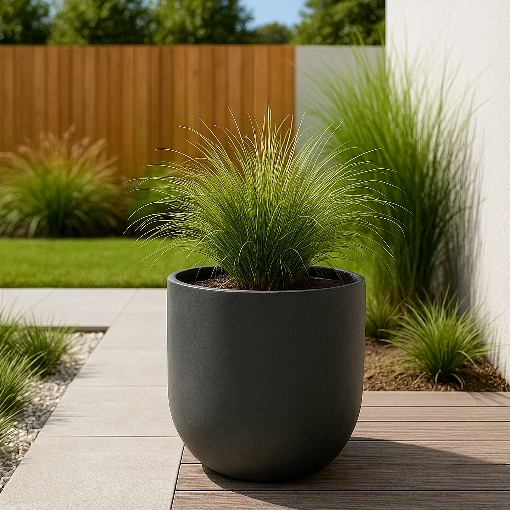 Gray planter with grass-like plants on a wooden deck against a wooden fence and greenery.