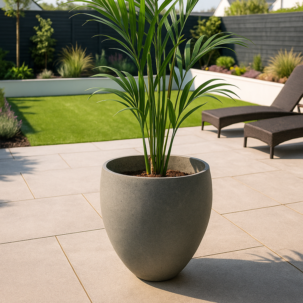 Potted palm plant on a patio with a garden and pool in the background