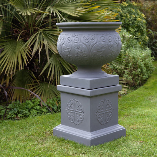 Large Patterned Urn on Plinth - Grey