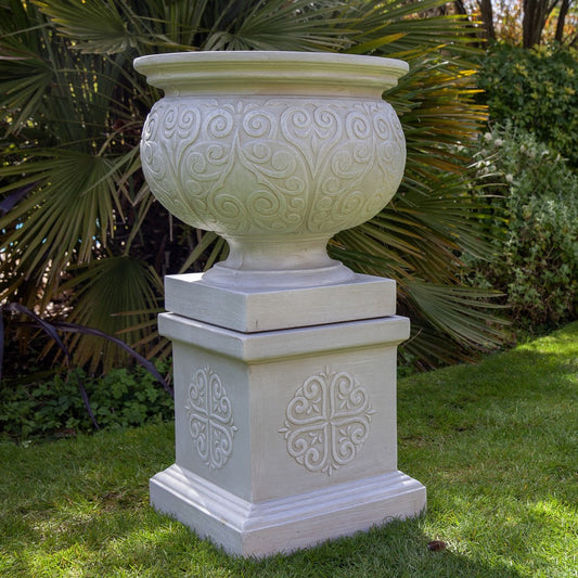 Large Patterned Urn on Plinth - White