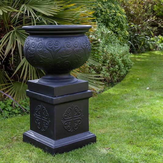 Large Patterned Urn on Plinth - Black