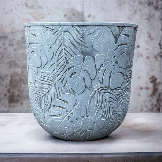 Patterned Tropical Planter - White Grey