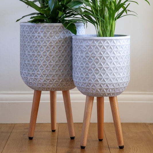 Patterned Geometric Indoor Planter on Legs - White